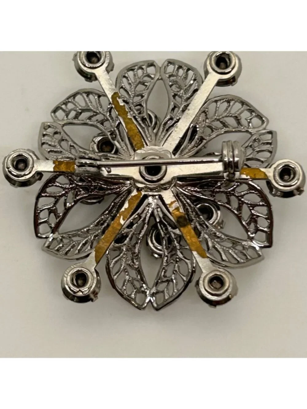 Vintage Silver Tone Rhinestone Brooch Pin Clear Crystal Floral Filigree Mid Cent